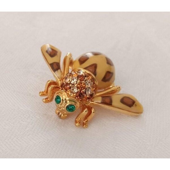 Joan Rivers Rhinestone Enamel Bee Brooch Pin Joan of the Jungle Brown Green Eyes - Picture 3 of 5